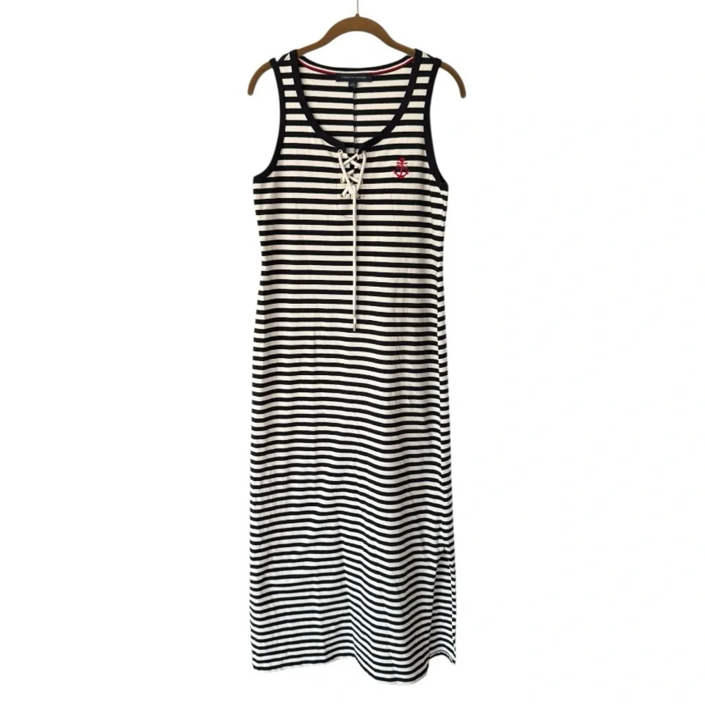 Tommy Hilfiger Navy Blue White Striped Maxi Dress Tank Dress Cotton Nautical Sm